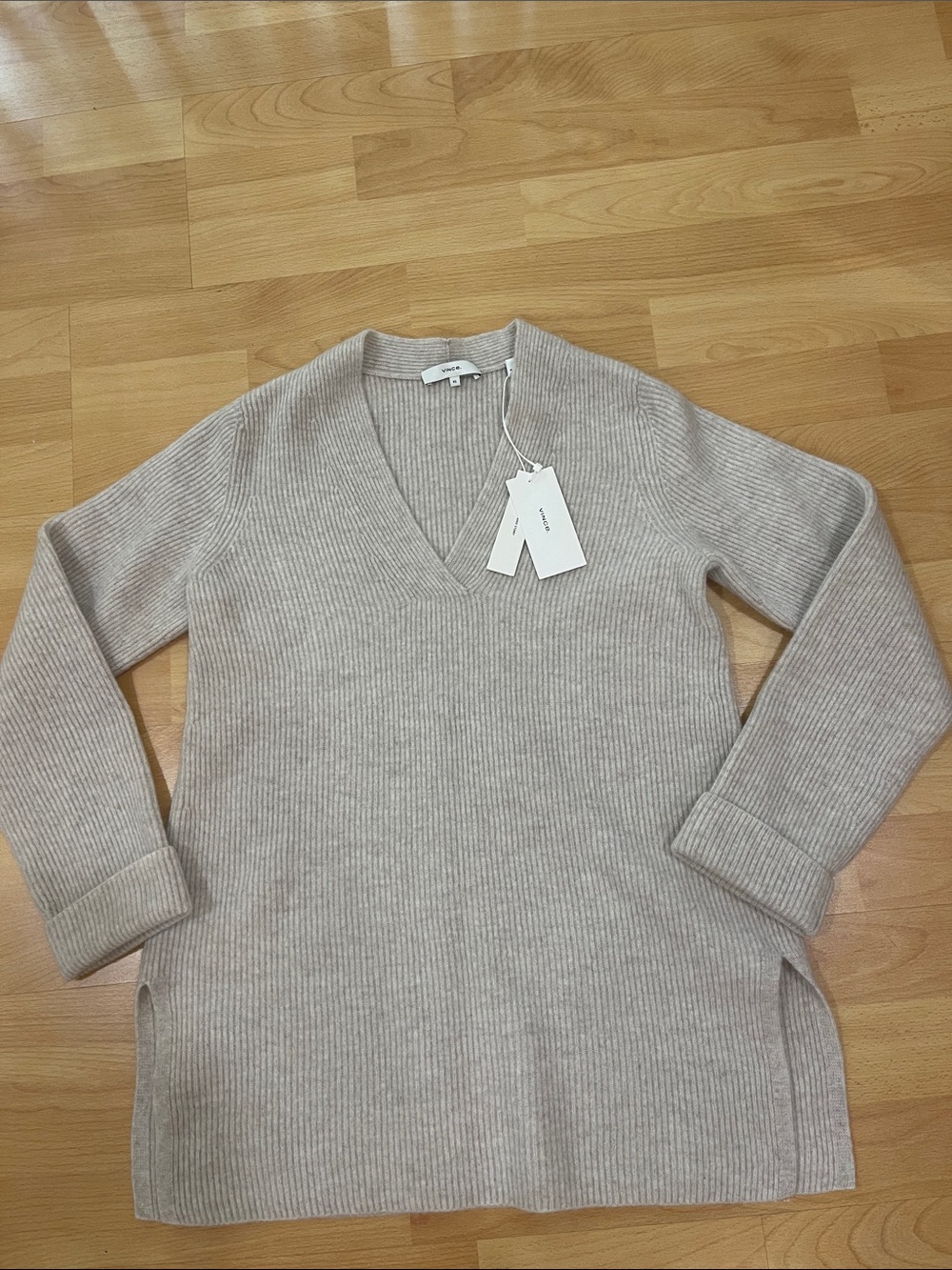 Vince Neutral Ribbed V-Neck Sweater - Light Taupe Wool/Cashmere